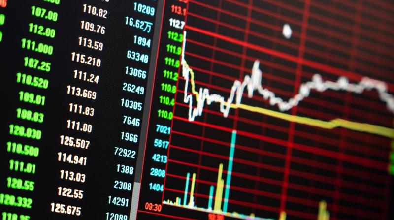 A chart of a stock or crypto price with various technical indicators and market data such as trading volume