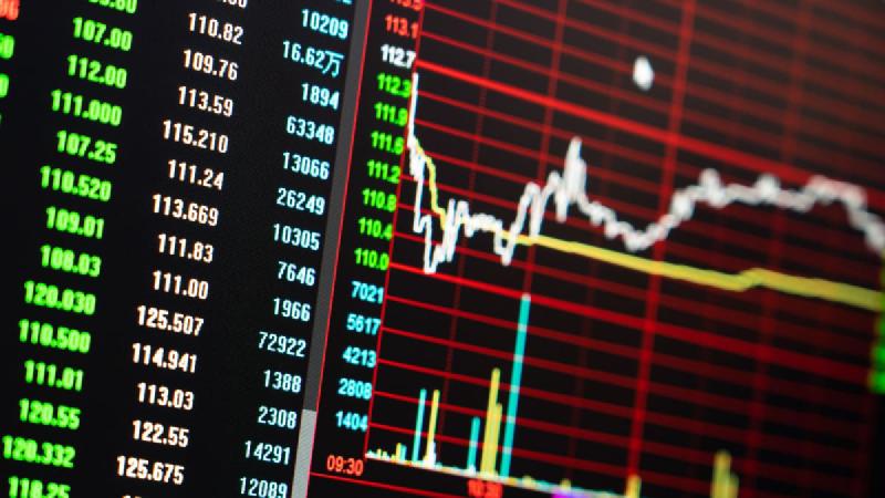 A chart of a stock or crypto price with various technical indicators and market data such as trading volume
