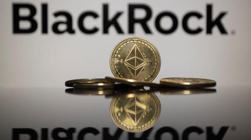An image of ethereum (ETH) coins in front of the logo of asset manager BlackRock
