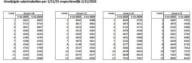 Salaristabellen nieuwe CAO. Bron: VO-raad.