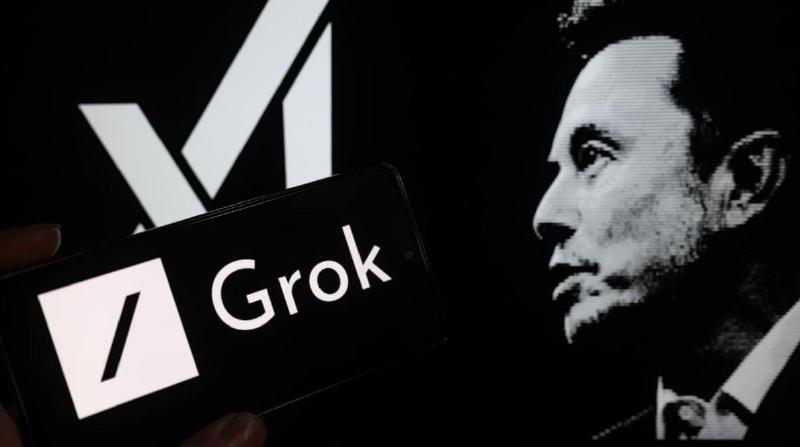 An image of Grok AI, with the face of Elon Musk and his AI company in the background