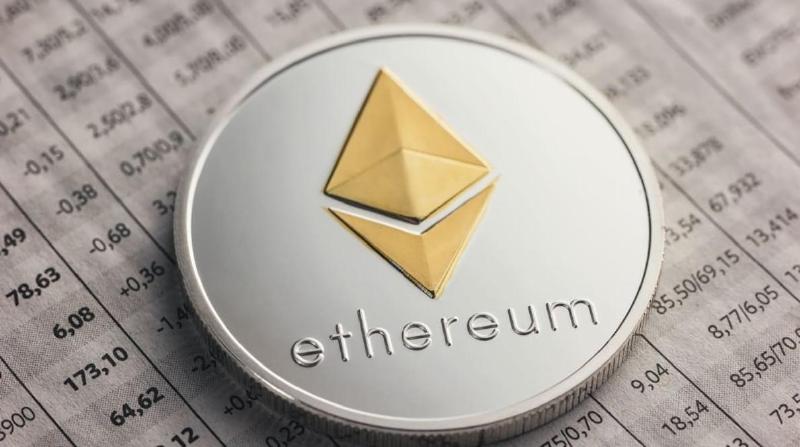 An image of an ethereum (ETH) coin on a series of numbers and crypto data
