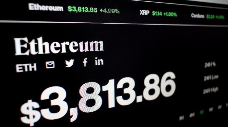 Image of the Ethereum cryptocurrency showing a value of $3,800 and rising green numbers