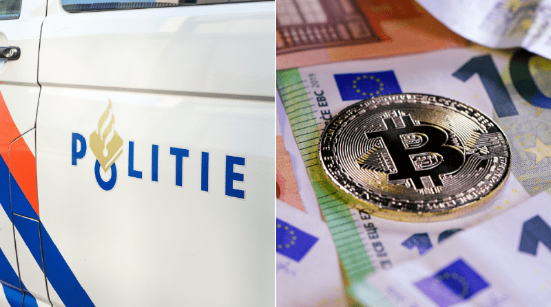 Photo with Bitcoin coin and police logo