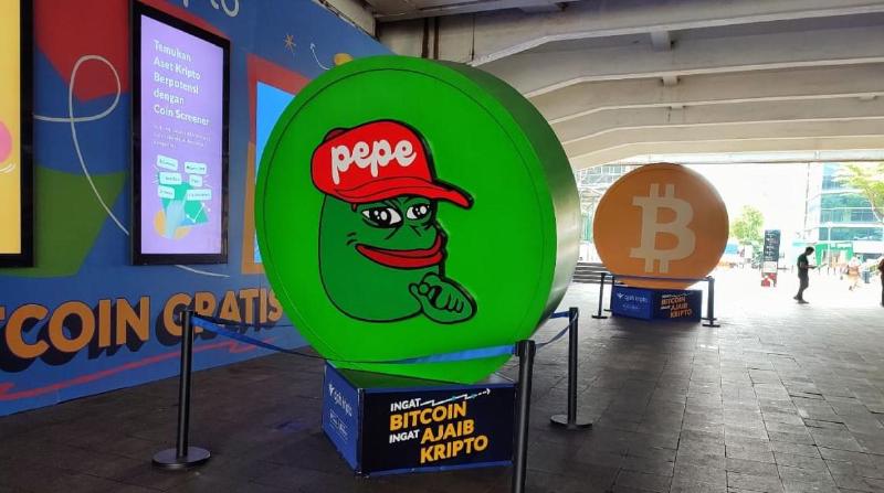 A physical image of Pepe coin (PEPE), one of the largest memecoins in the crypto market, at a crypto conference