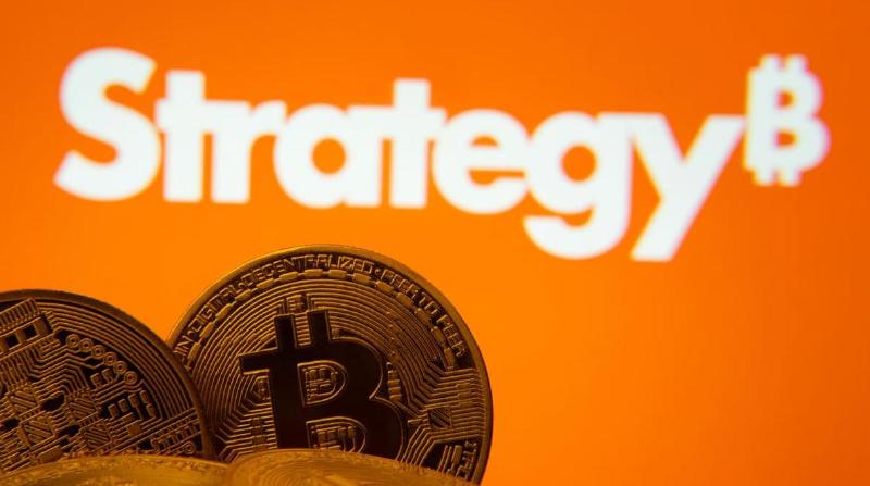 Image of several bitcoin coins with the logo of Strategy, the company with the most bitcoin, in the background